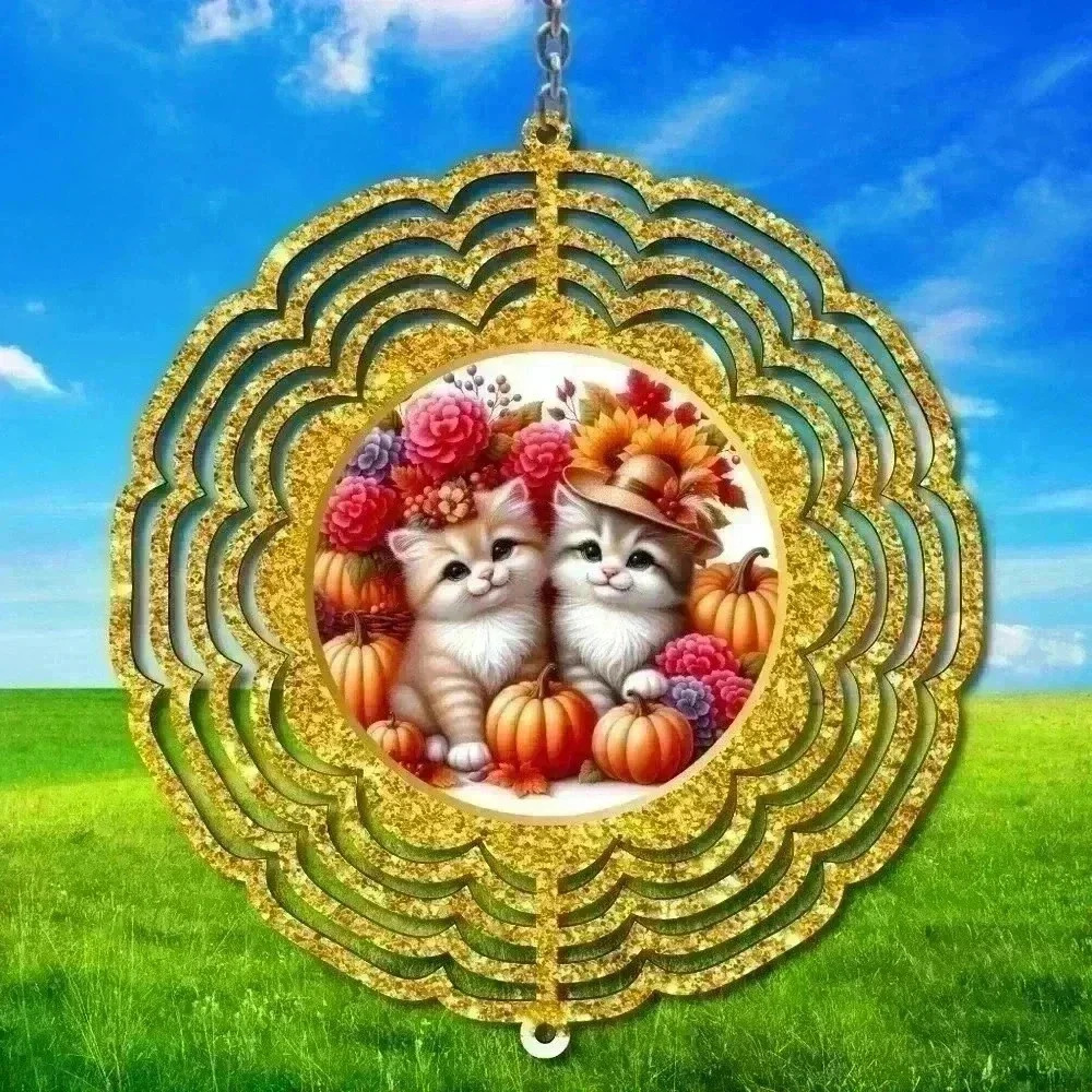 8 inch fall kitten and pumpkin floral indoor /outside wind spinner